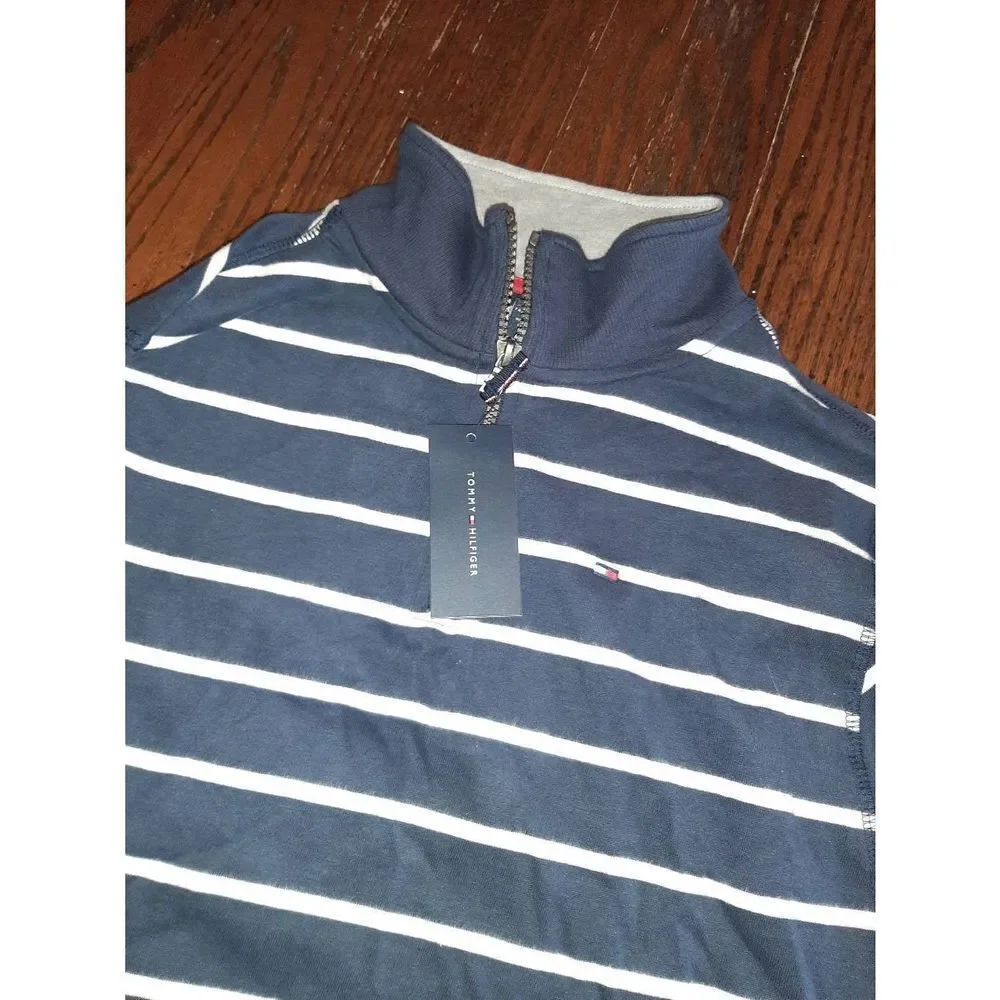 New Boy's XL 20 Tommy Hilfiger Blue White 1/4 Zip Long Sleeve Striped Shirt NWT
